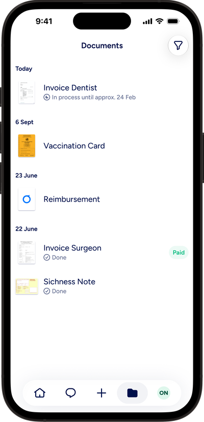A screenshot of a health insurance app shows a document overview: dental bills, benefit statements, pharmacy receipts, and sick leave certificates, each marked as “submitted,” “completed,” or “paid.”