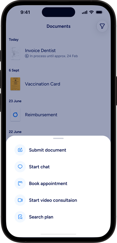 A screenshot of a health insurance app shows a list of events, including dentist, pharmacy, and doctor appointments, as well as an open menu with the options to submit a document, start a chat, schedule a doctor's appointment, start a video consultation with a doctor, and view benefits.