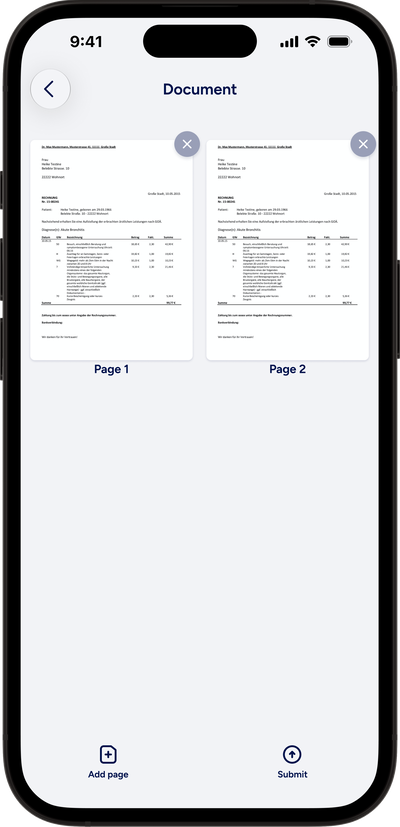 A screenshot of a health insurance app shows a document preview featuring an uploaded page of an invoice and the option to add more pages or submit the document.