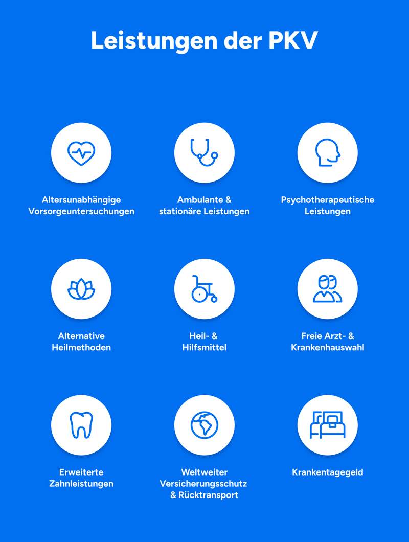 Infografik zu den Leistungen der PKV: Altersunabhängige Vorsorgeuntersuchungen, ambulante und stationäre Leistungen, psychotherapeutische Leistungen, alternative Heilmethoden, Heil- und Hilfsmittel, freie Arzt- und Krankenhauswahl, erweiterte Zahnleistungen, weltweiter Versicherungsschutz & Rücktransport, Krankentagegeld