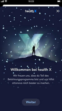 Startbildschirm von health X mit Begruessung zum Bonusprogramm von ottonova.