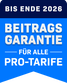 Blaues Werbesiegel mit weißer Schrift und dem Hinweis: „Beitragsgarantie bis Ende 2024 in allen Krankenvollversicherungen“