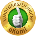 eKomi goldene Kundenauszeichnung mit Daumen hoch Symbol in gruenem Kreis