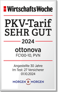 Siegel der WirtschaftsWoche 2024 mit der Bewertung ‚PKV-Tarif sehr gut‘ für den ottonova Tarif FC100-10, PVN. Test für Angestellte, 30 Jahre, durchgefuehrt von Morgen & Morgen, 27 Versicherer im Vergleich