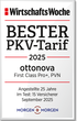 Siegel der WirtschaftsWoche 2024 mit der Bewertung ‚PKV-Tarif sehr gut‘ für den ottonova Tarif FC100-10, PVN. Test für Angestellte, 30 Jahre, durchgefuehrt von Morgen & Morgen, 27 Versicherer im Vergleich