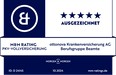 Siegel des M&M Ratings fuer PKV-Vollversicherung: Der Tarif First Class Pro+ der ottonova Krankenversicherung AG wurde im Oktober 2024 mit der Bestnote 'ausgezeichnet' (5 Sterne) bewertet. Bewertungs-ID D 24145, herausgegeben von Morgen & Morgen, abrufbar unter mm-ratings.de