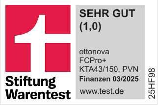 Siegel der Stiftung Warentest mit der Bewertung Sehr Gut (1,0) fuer den Tarif FCPro+ KTA43/150 PVN von ottonova. Die Bewertung stammt aus der Zeitschrift Finanztest Ausgabe 03/2025. Zu sehen ist das rote Stiftung-Warentest-Logo mit weissem T sowie die Domain www.test.de