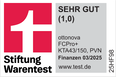 Siegel der Stiftung Warentest mit der Bewertung Sehr Gut (1,0) fuer den Tarif FCPro+ KTA43/150 PVN von ottonova. Die Bewertung stammt aus der Zeitschrift Finanztest Ausgabe 03/2025. Zu sehen ist das rote Stiftung-Warentest-Logo mit weissem T sowie die Domain www.test.de