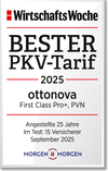 WirtschaftsWoche Auszeichnung 2024: PKV-Tarif von ottonova FC100-10 PVN mit Bewertung sehr gut von Morgen und Morgen